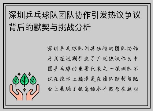 深圳乒乓球队团队协作引发热议争议背后的默契与挑战分析